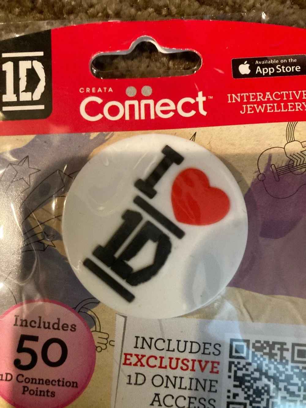 New White Button Pin with Red Heart I Love 1D Design y2k period